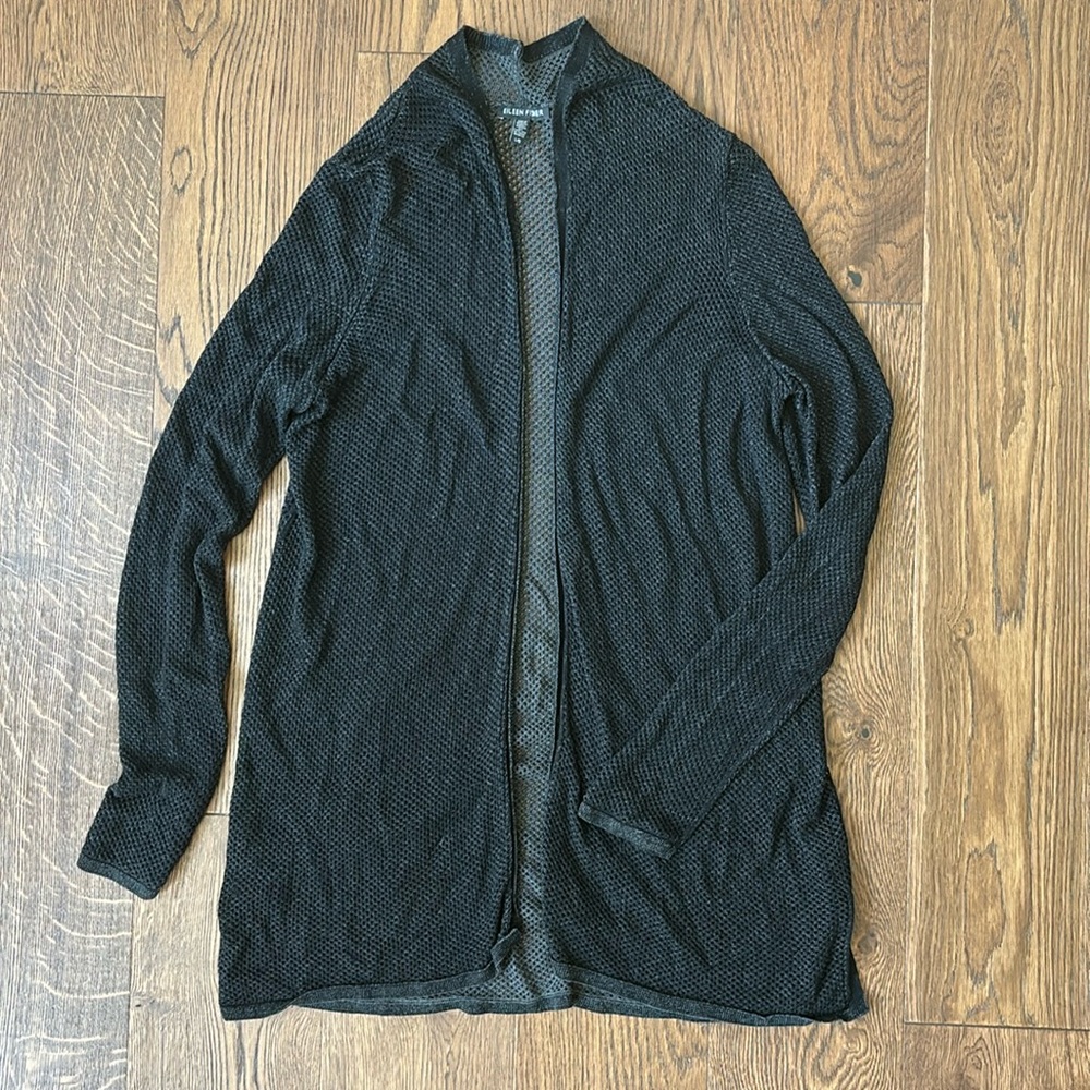 Eileen Fisher long black fishnet caridigan